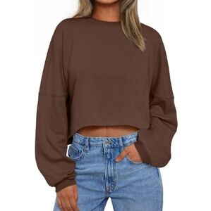 Cropped Oversized Crewneck Sweater Long Sleeve Brown New